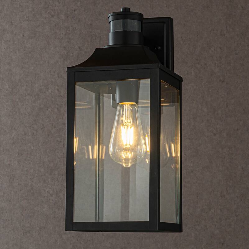 CraftHome H16 in. Farmhouse Outdoor Wall Lantern wiht Motion Sensor in Matte Black Modern Wall Sconce with Clear Glass - W7'' - W7'' - Matte Black