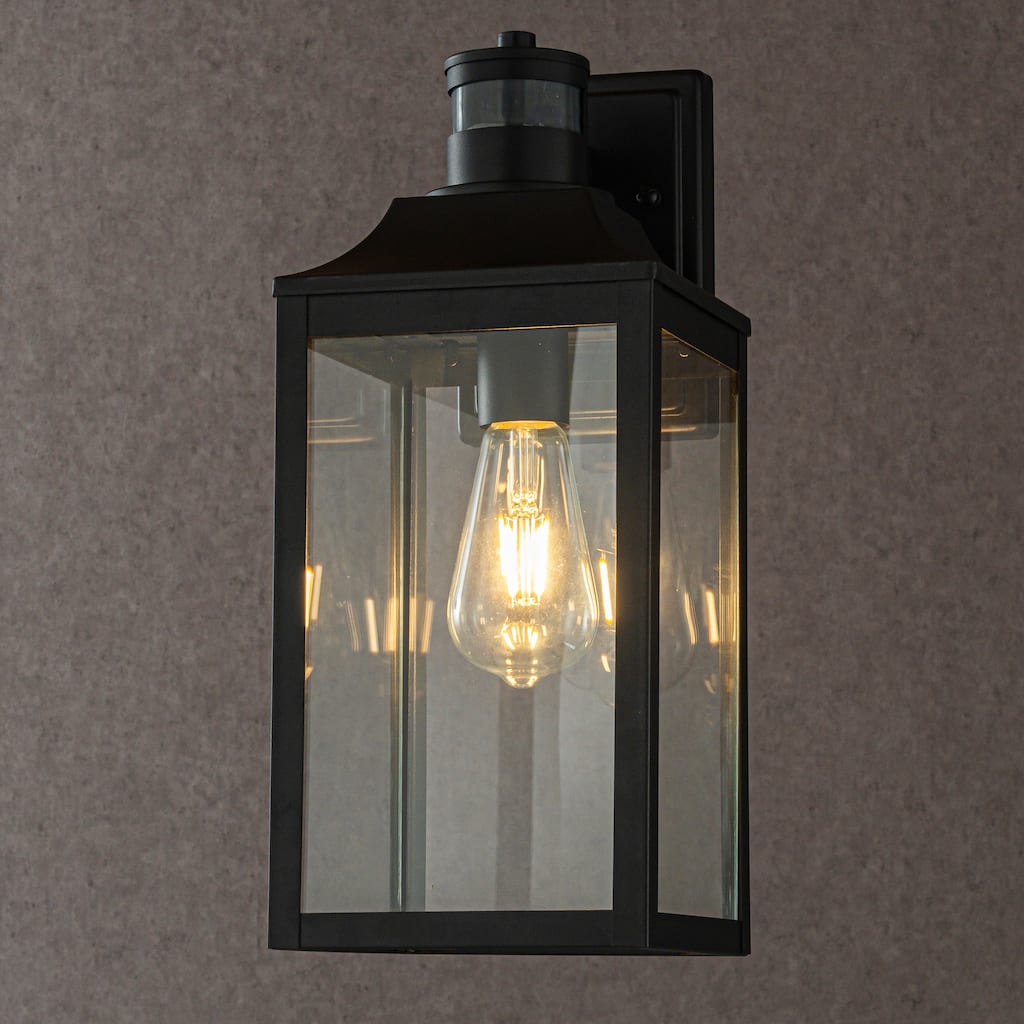 CraftHome H16 in. Farmhouse Outdoor Wall Lantern wiht Motion Sensor in Matte Black Modern Wall Sconce with Clear Glass - W7''