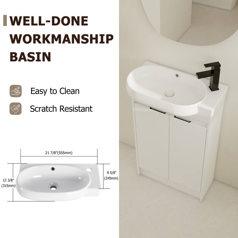 Compact 23'' Freestanding Vanity with Round Ceramic Sink & Soft-Close Hinges for Bathroom
