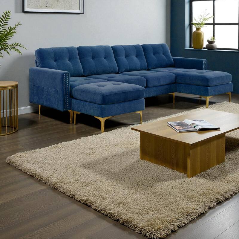 110.6" L-Shaped Convertible Velvet Sectional Sofa with Movable Ottoman and Storage Pockets for Living Room