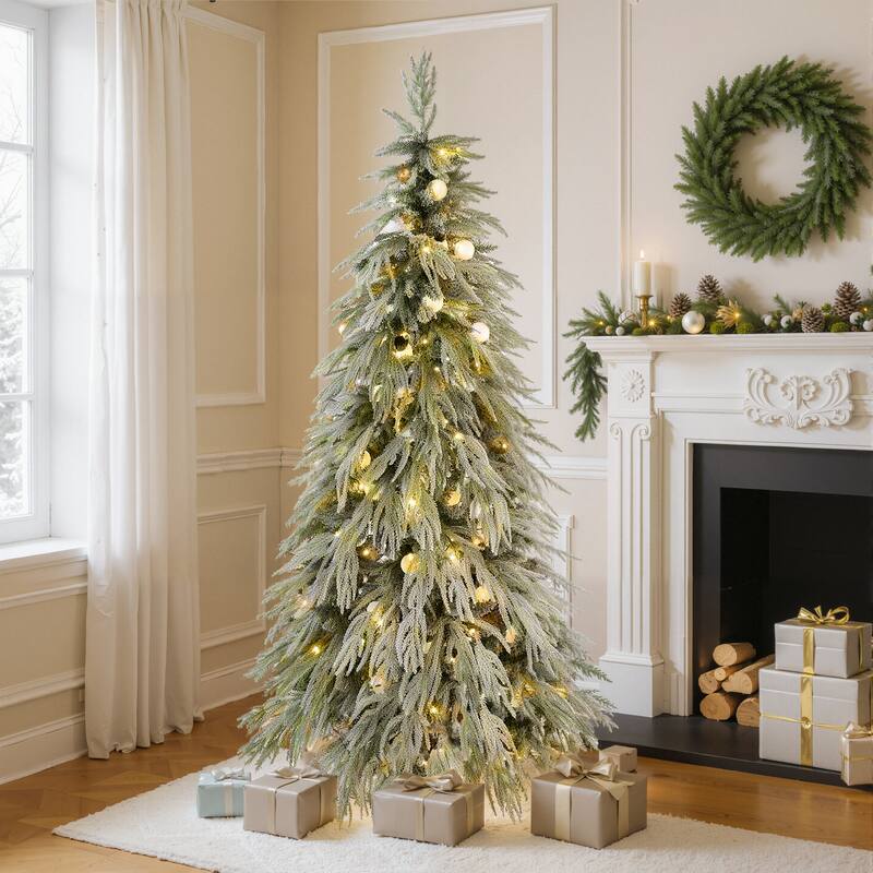 6FT Pre-Lit Spruce Snow Flocked Christmas Tree, Artificial Hinged Xmas Tree with LED Lights, Holiday Office Home Décor