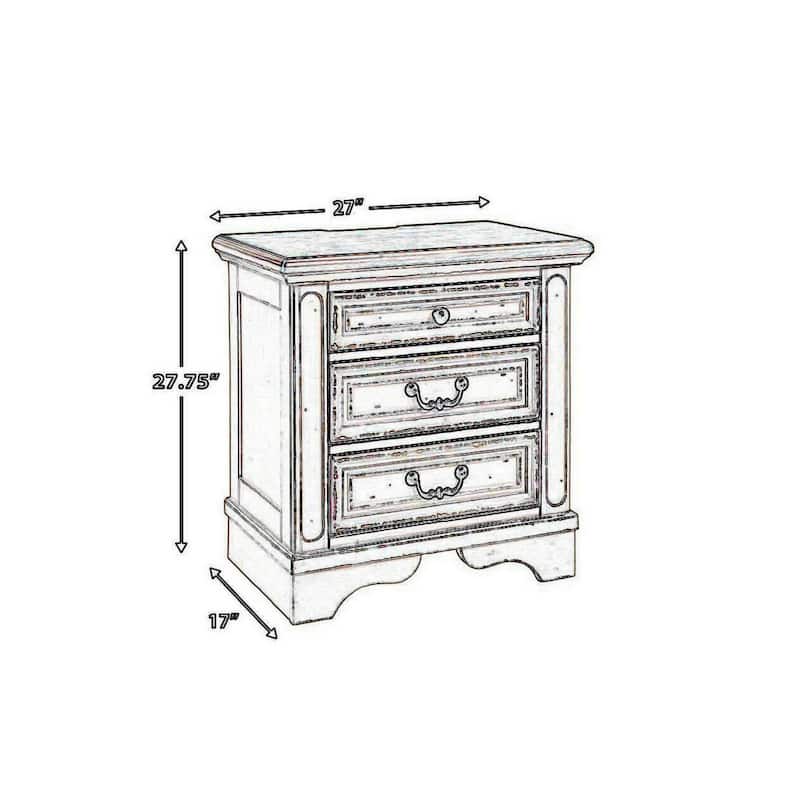 Farah 27 Inch Nightstand | 3 Drawers with Charging | Cottage Distressed White, Dark Bronze