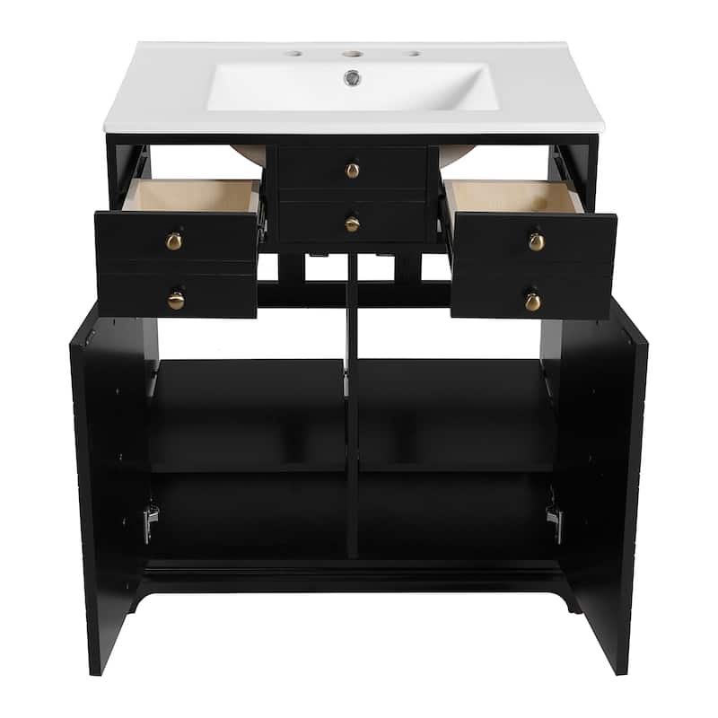 30"Bathroom Vanity with Ceramic Sink,Solid Wood Storage Cabinet,Freestanding Vanity Set with 2 Drawers& Soft Closing Doors