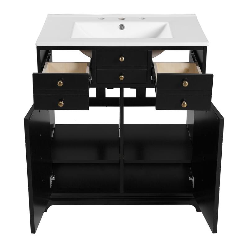 GDFStudio - Marwick Modern Freestanding Bathroom Vanity Set with Ceramic Sink and 2 Storage Drawers & Soft Closing Doors