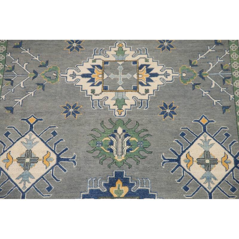 Hand Knotted Oriental 100% Wool Carpet Traditional Geometric Greys & Charcoal Kazak Area Rug - 9' 10'' X 6' 8''