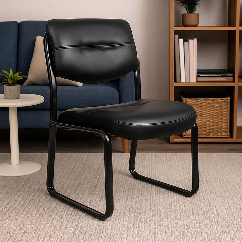 Eve Side Chair with Sled Base, Steel Frame, Black Faux Leather