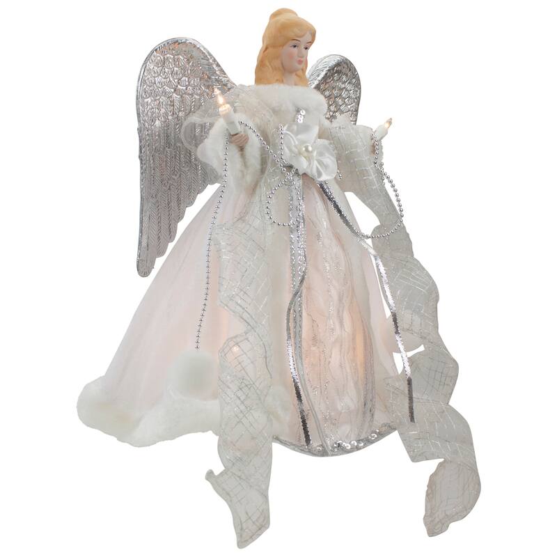12" Silver White Angel Wings Christmas Tree Topper Clear Lights