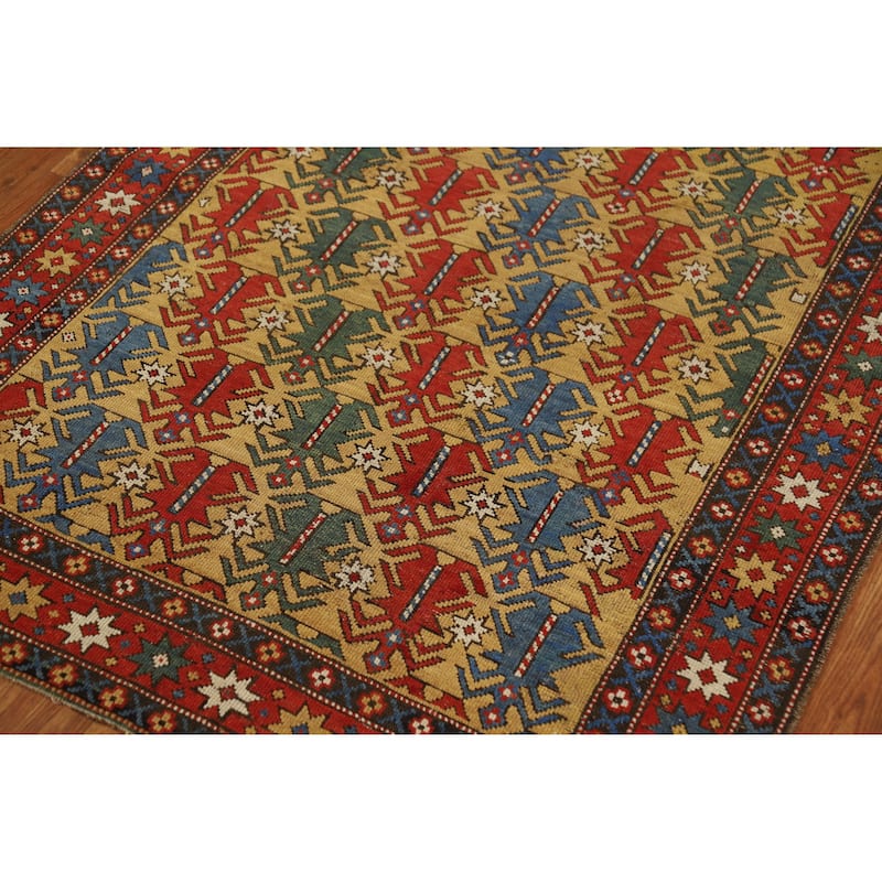 Hand Knotted Oriental 100% Wool Carpet Traditional All-Over Yellow & Gold Kazak Area Rug - 5' 1'' X 3' 11''