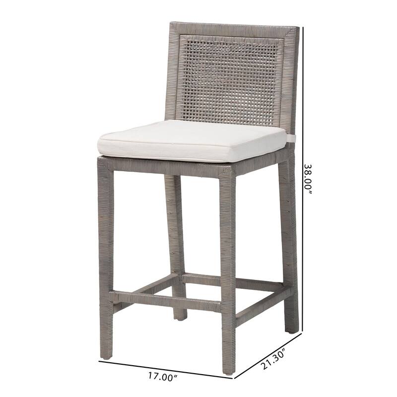 Sofia Rattan Counter Stool with Mahogany Wood - Handwoven Wicker Counter Height, Coastal Kitchen Island Seating, French Grey