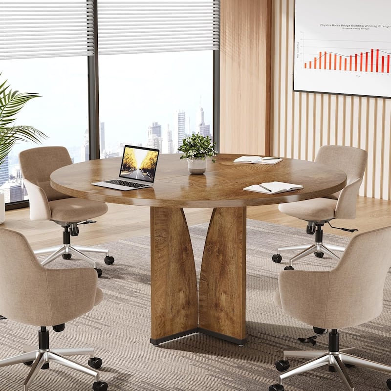39" Round Conference Table for 4 Modern Wooden Meeting Table with Sturdy Base for Office/Training/Negotiation/Conference Room - Tan