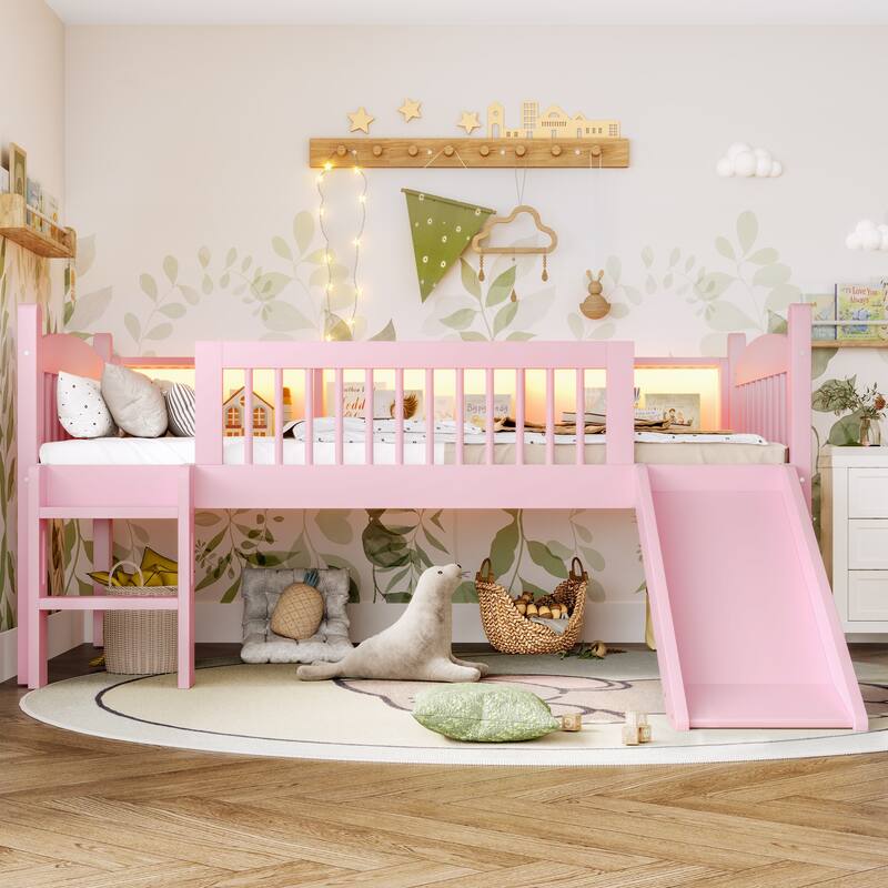 Twin XL Loft Bed with Storage Shelves, LED Lights & Guardrails