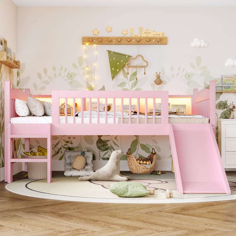 Twin XL Loft Bed with Storage Shelves, Solid Wood Lower Loft Bed with LED Lights and Full-length Guardrails