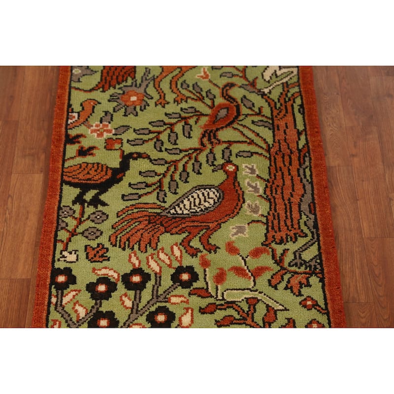 Light Green Animals Ziegler Indian Runner Rug Hand-Knotted Wool Carpet - 2'5" x 7'11"