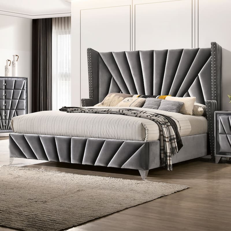 Furniture of America Ambrosia Traditional Fabric Upholstered Panel Bed - Grey - King