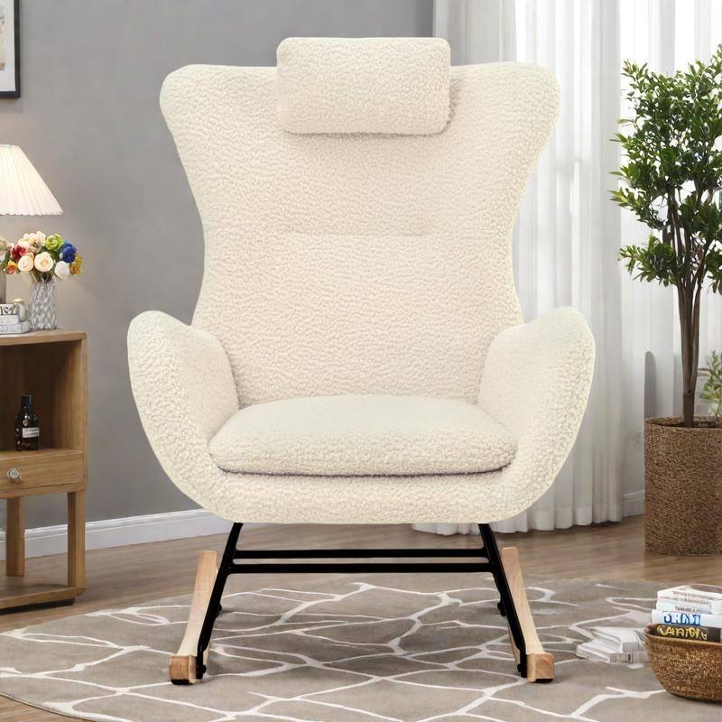Polyester Glider Chair with Adjustable Headrest and Storage Pocket, Rubber Wood Base - Beige