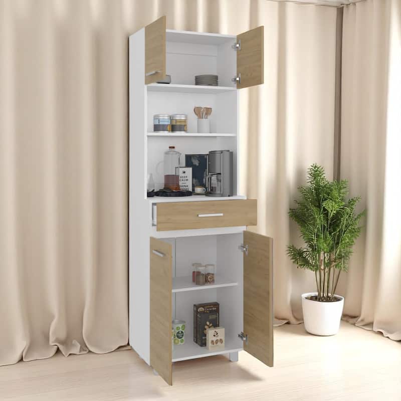 Freestanding Kitchen Storage Cabinet with Doors, Vertical Pantry Organizer in White and Natural Oak Finish