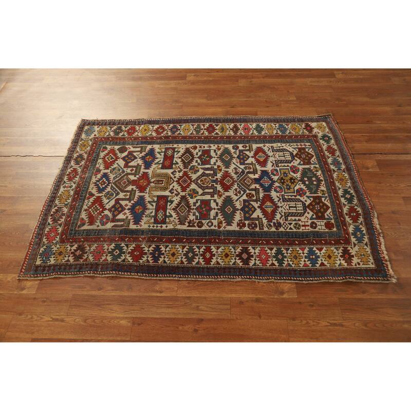 Hand Knotted Oriental 100% Wool Carpet Traditional Tribal Beige & Ivories Kazak Area Rug - 4' 11'' X 3' 4''