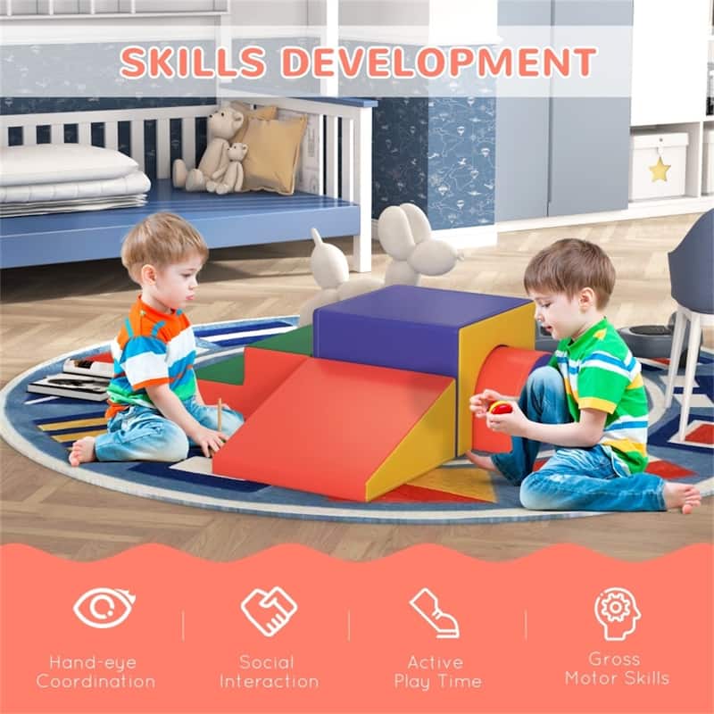 2-Piece Kids Soft Play Set for Toddlers Ages 1-3 Climbing Crawling Sliding Modular PU Foam - 59"L x 19.75"W x 15.25"H
