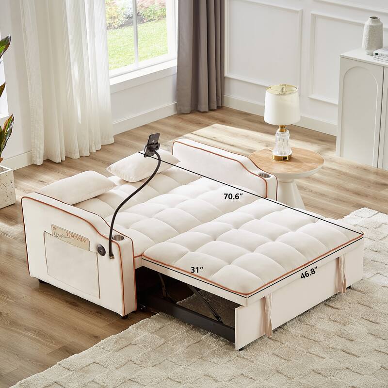 Convertible Sofa Bed with Adjustable Back, USB Charger, and Pillows for Living Room or Office