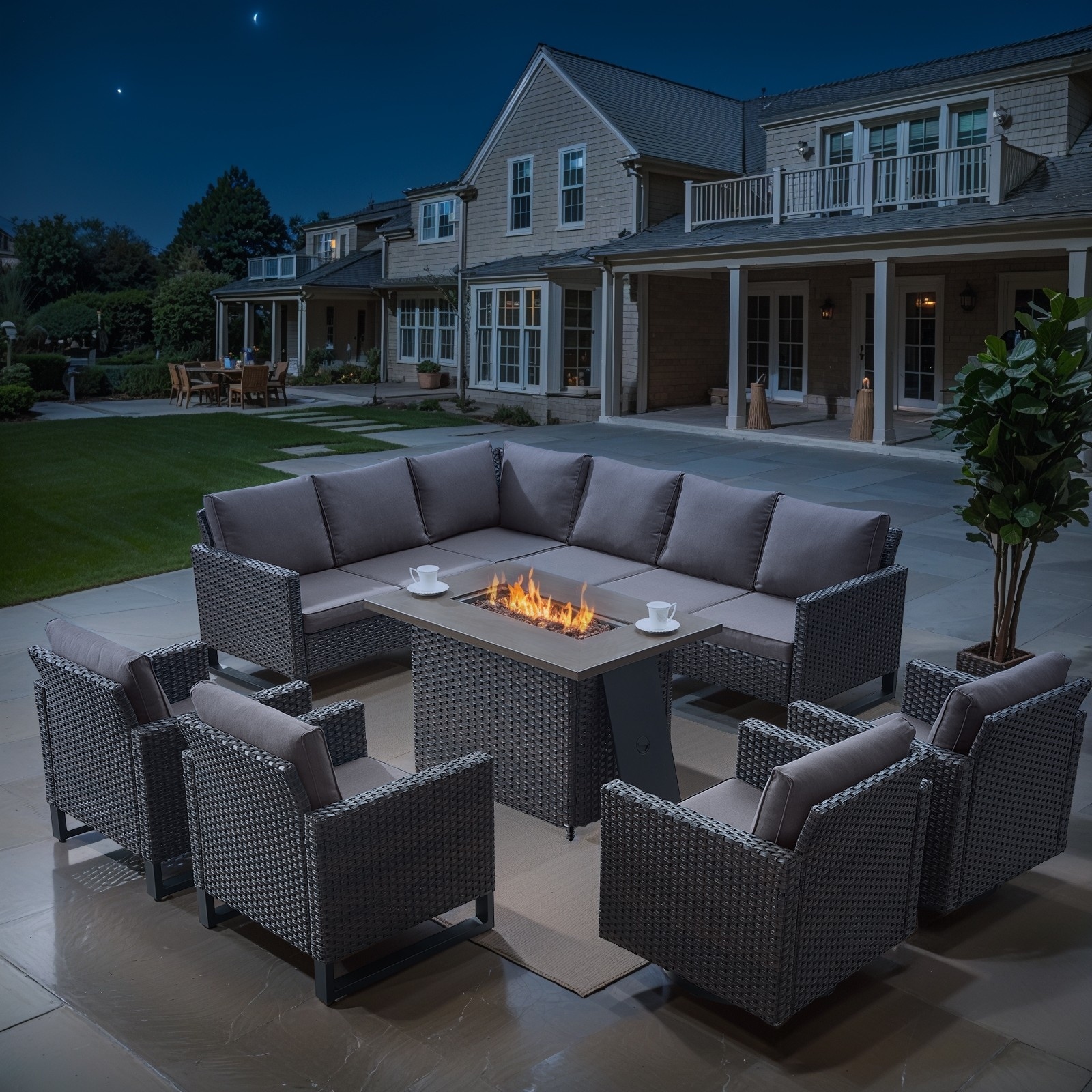 Patio Furniture Set with Propane Gas Fire Pit Table - Grey cushion - Brown