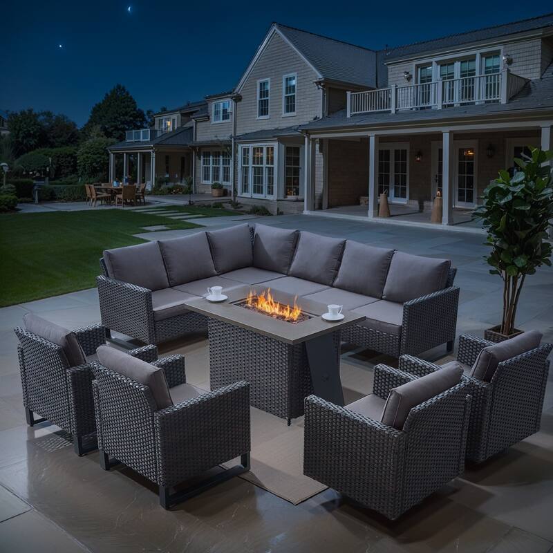 Patio Furniture Set with Propane Gas Fire Pit Table - Grey - Brown