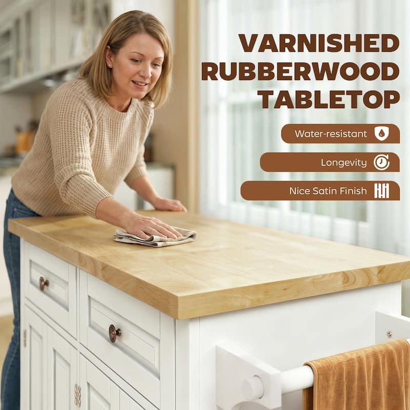 HOMCOM Rolling Kitchen Island Cart with Rubber Wood Top, Spice Rack, Towel Rack & Drawers for Dining Room