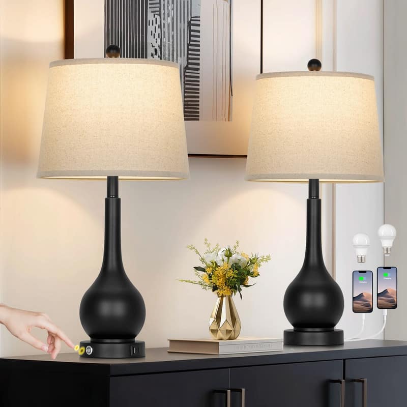 26'' Modern Table Lamps with Oatmeal Fabric Shades & Dual USB Charging Ports (Set of 2) - 12.5'' X 12.5'' X 26''