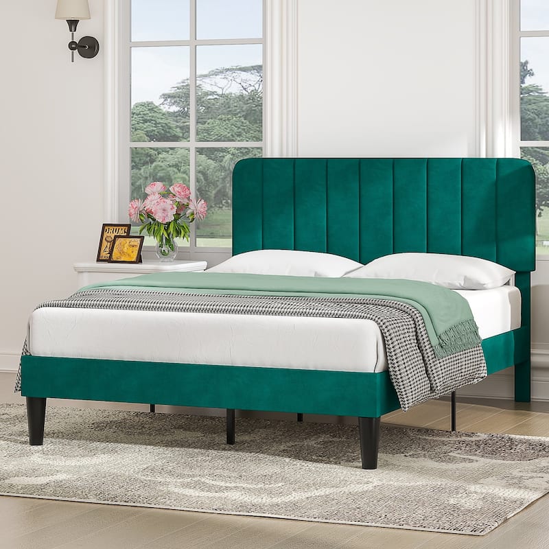 VECELO Velvet Upholstered Bed Frame with Vertical Channel Tufted Headboard, Adjustable Headboard, Wooden Slats Support
