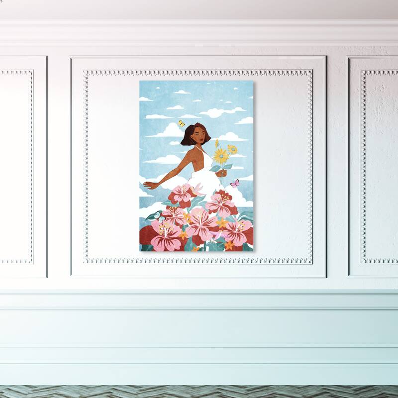 Wynwood Studio Canvas Fashion and Glam Dance with the Flowers White and Light Blue Tropical Wall Art Canvas Print - 45 x 30