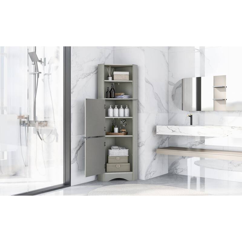 Tall Bathroom Corner Cabinet, Triangle Wood Storage Cabinet, Freestanding Pantry Cabinet with 2 Doors & Adjustable Shelves