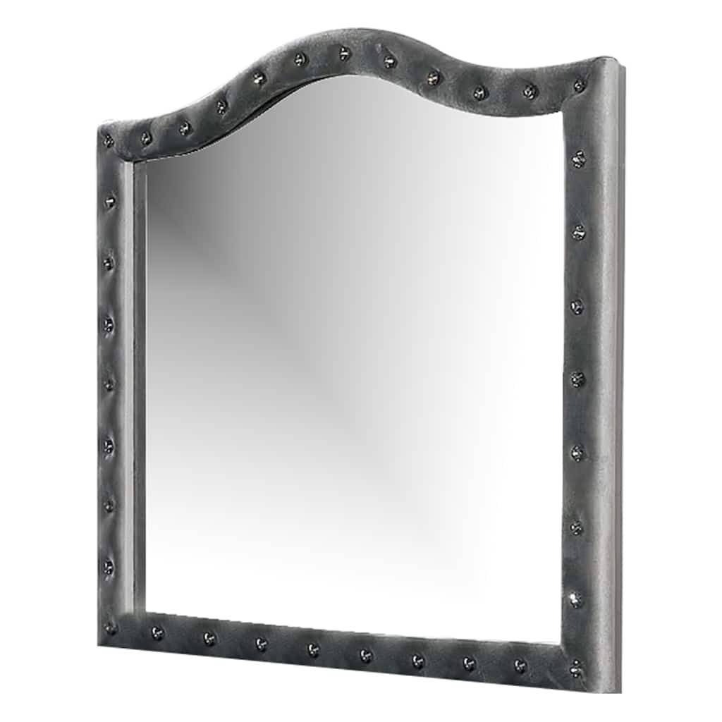 Rea Dresser Vanity Mirror, Crystal Tufted Gray Velvet Upholstery Arched Frame