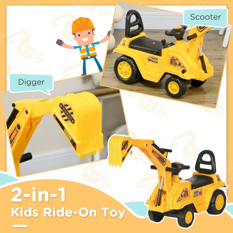 Kids Digger Ride on Truck with Horn, Under Seat Storage, Sit and Scoot Pretend Play Toy Construction Car for Ages 18M+