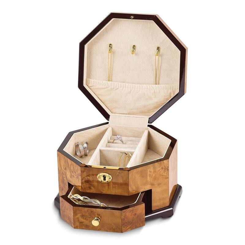 Curata High Gloss Rustic Burlwood Veneer W/Scrolled Inlay One Drawer Octagonal Locking Wooden Jewelry Box