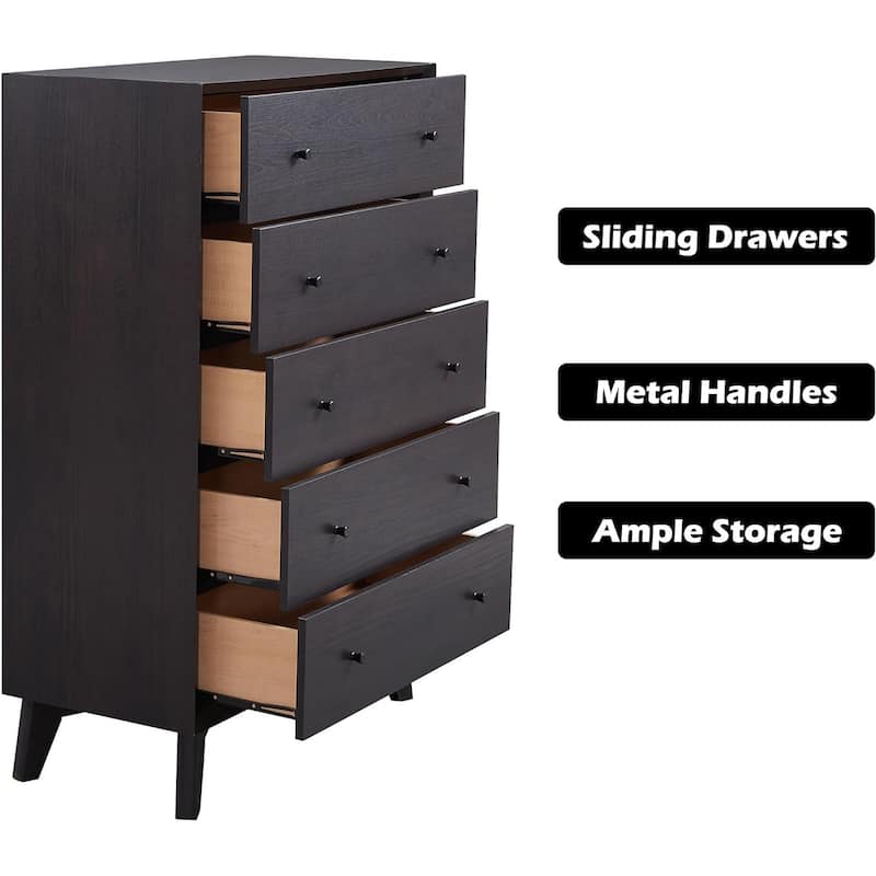 Mid-Century Modern 5 Drawer Dresser, Wood Chest of Drawers