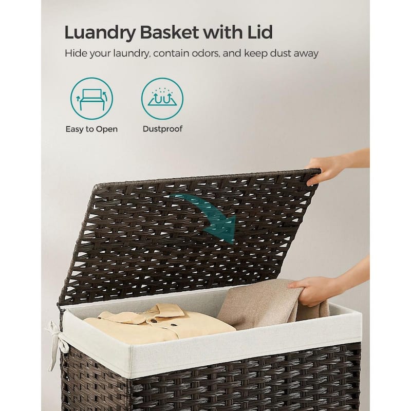 Portable Wicker Basket with Lid Waterproof Foldable Laundry Hamper with Washable Liner and Cut-Out Handles