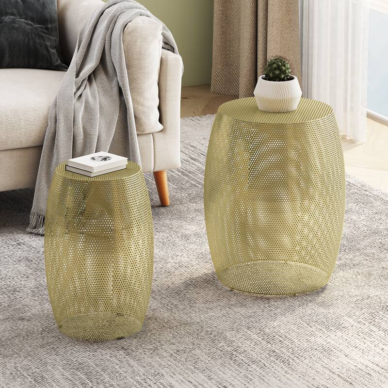 Round Metal Hollow Side Table Set - Gold