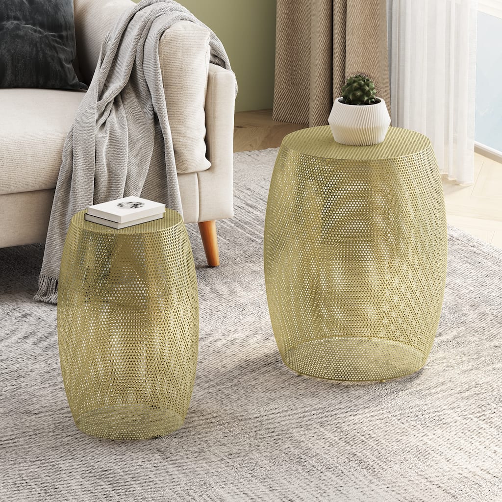 Round Metal Hollow Side Table Sets of 2 Different Sizes Drum End Tables, Compact Small Accent Table with Durable Iron Frame