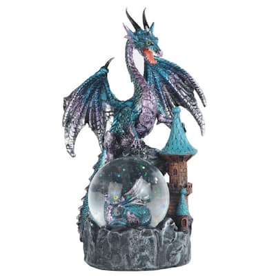 Q-Max 8"H Blue and Purple Dragon on Castle with Baby Dragon Snow Globe Statue Fantasy Decoration Figurine