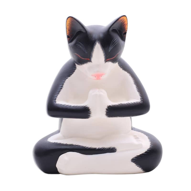 Novica Handmade Meditating Tuxedo Kitty Wood Sculpture