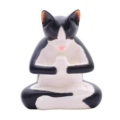 Novica Handmade Meditating Tuxedo Kitty Wood Sculpture