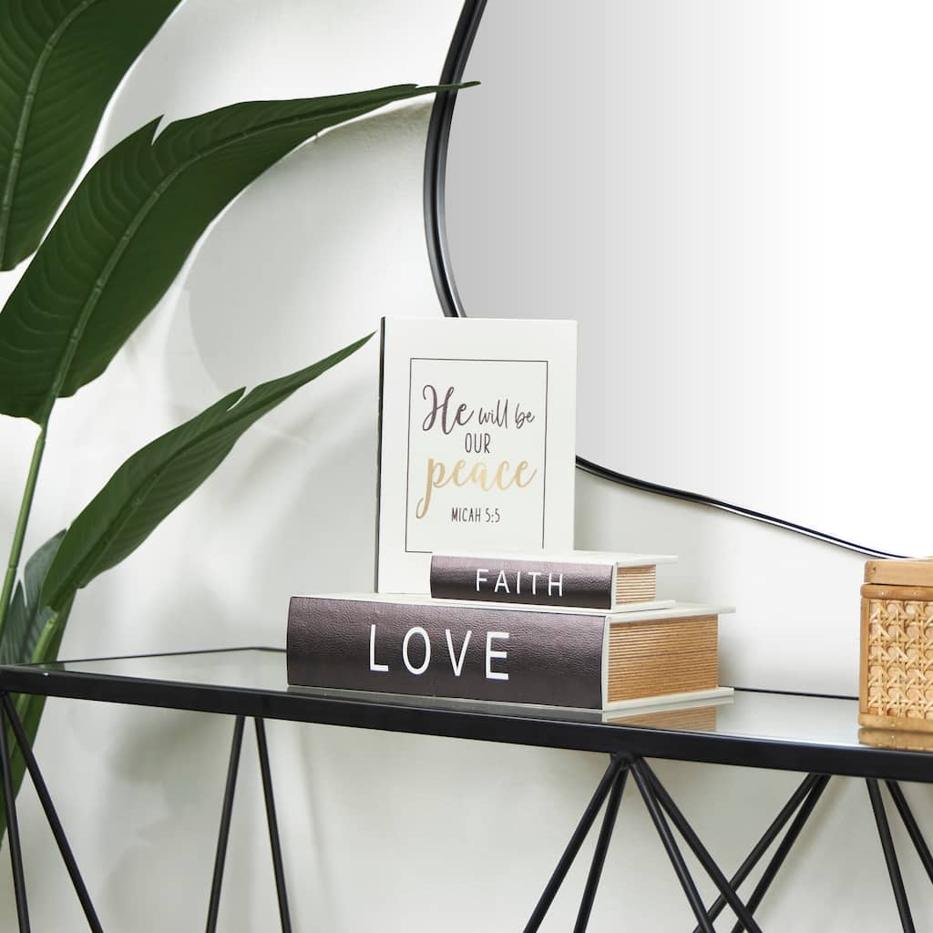 White Wooden Love, Hope, Faith Faux Storage Book Decorative Box with Black Spine and Gold Accents (Set of 3)