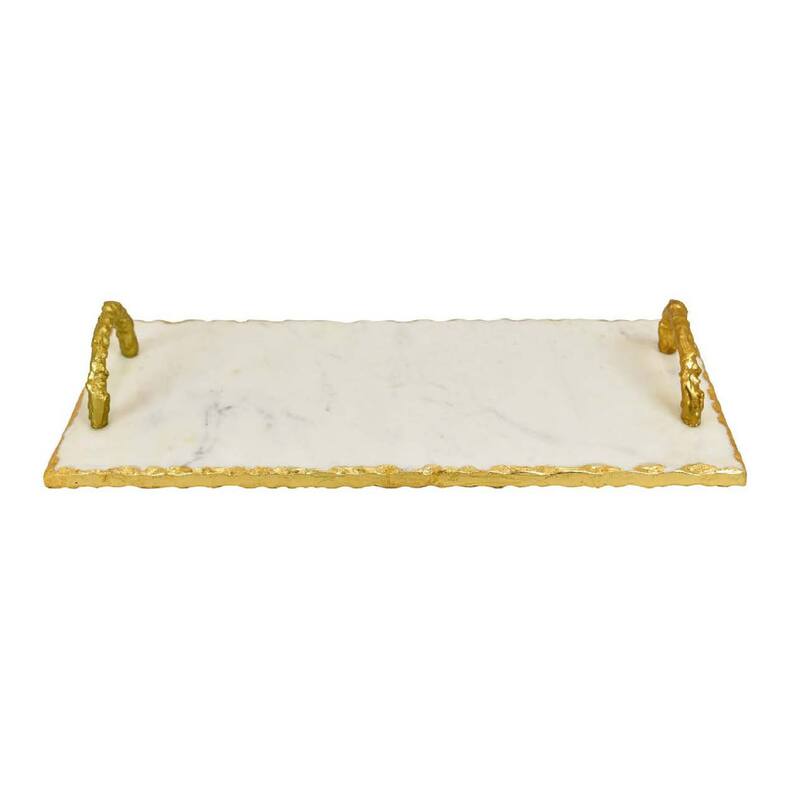 Pammy Decorative Tray, Gold Arched Handles, White Marble 18 Inch