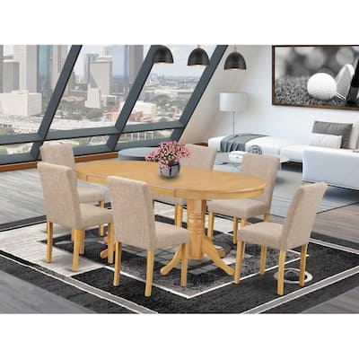 Dining Room Set 7Pc Table & Chairs - Linen Fabric, Oak Legs, Butterfly Leaf - HomeStock