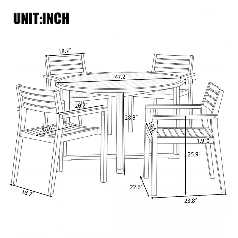 5-Piece Outdoor Dining Set with Acacia Wood Chairs and Round Table for Patios and Gardens