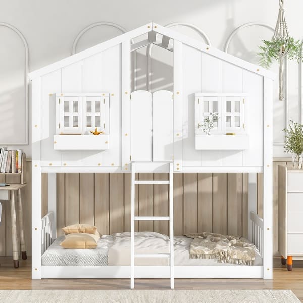 slide 2 of 45, Unique Design Wood House Roof bunk Bed,Low Height Design Twin over Twin House Bunk Kid's Bed White