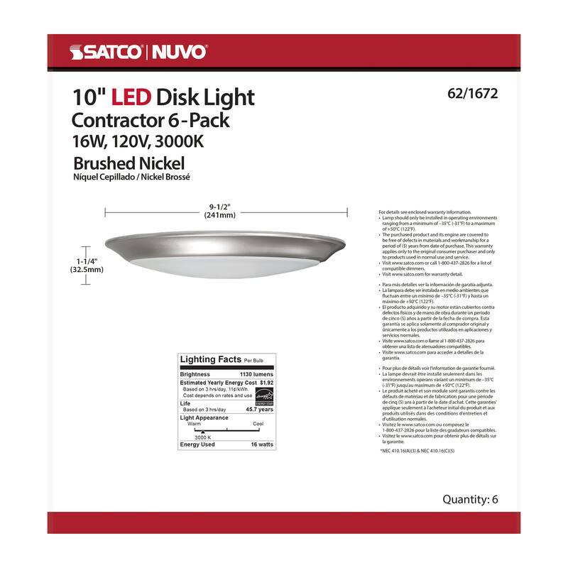 10 inch LED Disk Light 3000K 6 Unit Contractor Pack Brushed Nickel Finish - Brushed Nickel