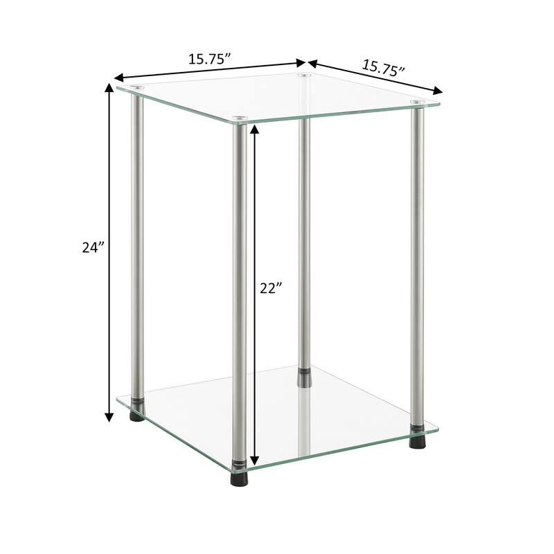 Glass 2 Tier Square End Table, Modern Accent Side Table with Tempered Glass Shelves and Stainless Steel Frame - 15.75