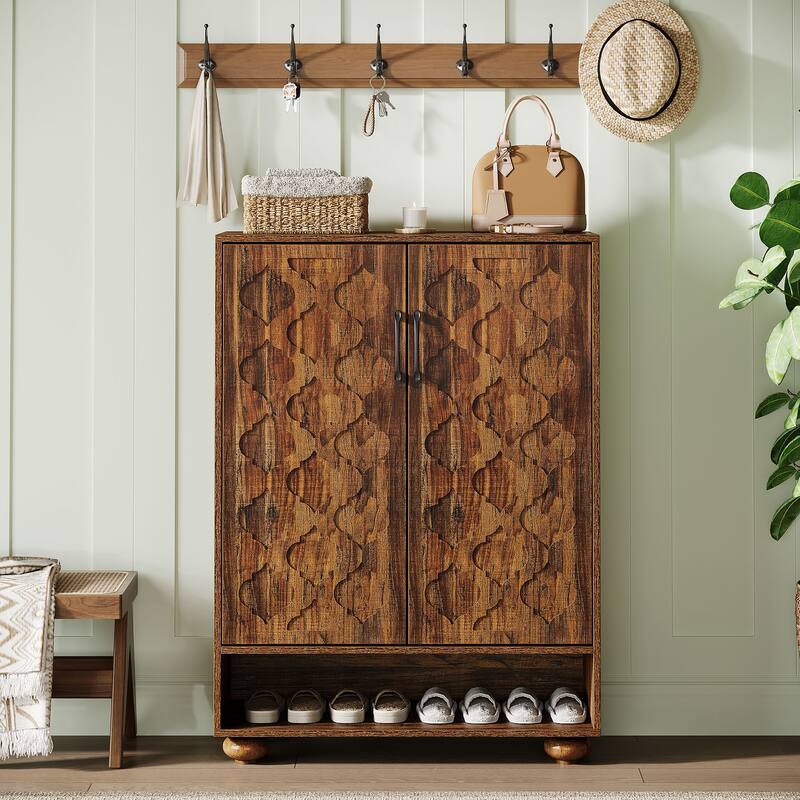 6-Tier Shoe Cabinet with Doors, Adjustable Shoe Rack with Solid Wood Feet