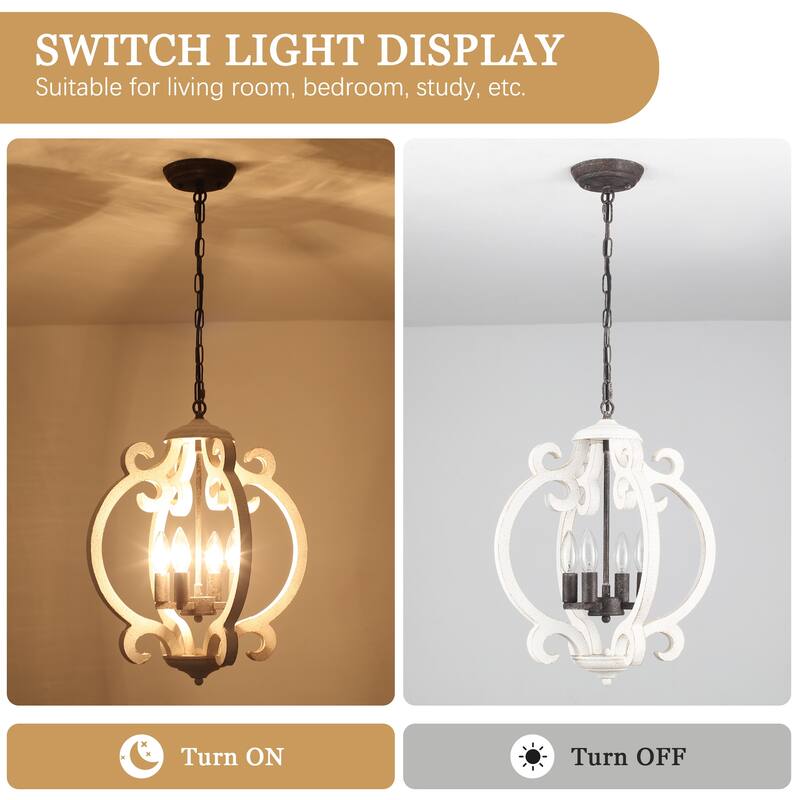 4-Light Antique Wood French Country Chandelier Vintage Pendant for Dining Room