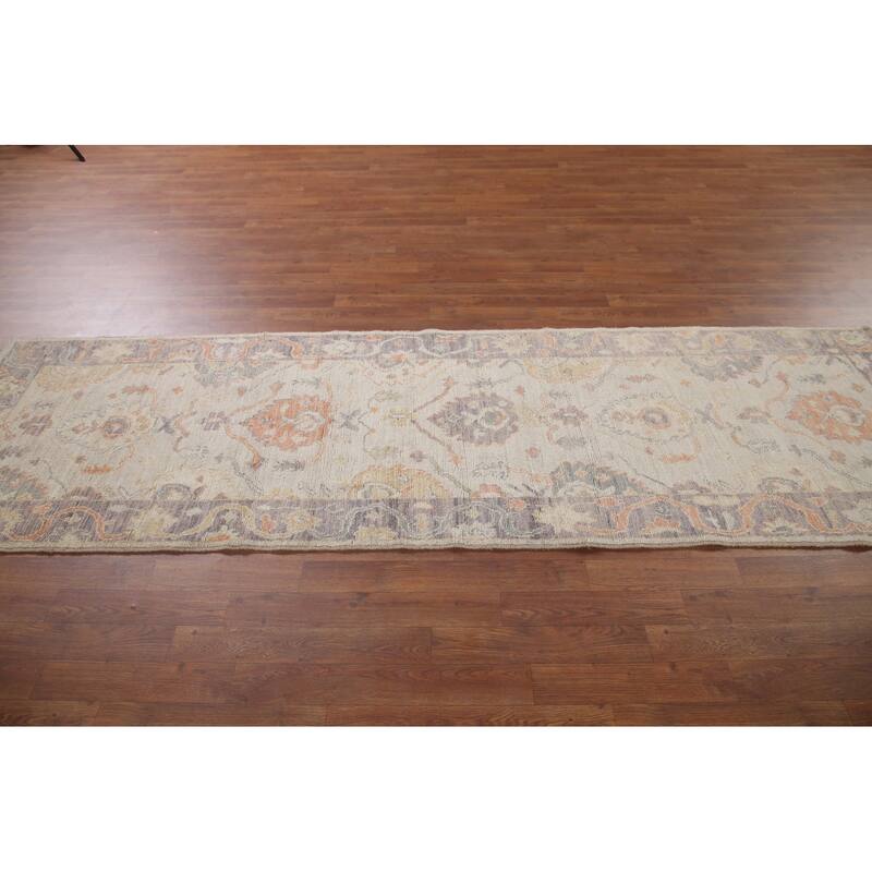 Hand Knotted Oriental 100% Wool Carpet Transitional All-Over Beige & Ivories Oushak Runner Rug - 9' 8'' X 2' 11''